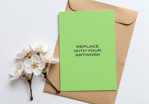 Greeting card mockup on a brown envelope with white cherry blossoms, flat lay stationery presentation, template for print design, editorial display, and commercial artwork placement