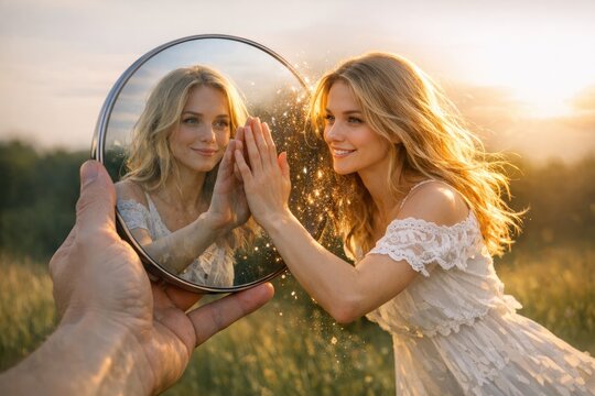 A woman looks at her reflection in a mirror