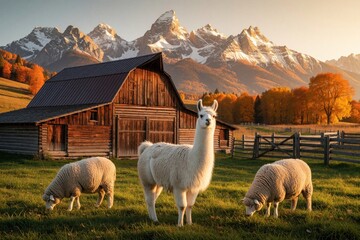 Naklejka premium White llama and sheep graze in green grassy field before rustic wooden barn. Majestic snowy mountains rise behind autumn trees bathed in golden hour light.