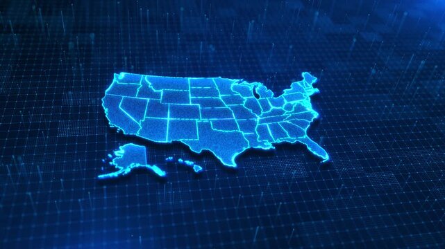 Futuristic extruded USA map perspective luminous clean digital grid. spatial analysis, regional planning, 19 visuals, mapping interfaces, research videos and modern geography based motion