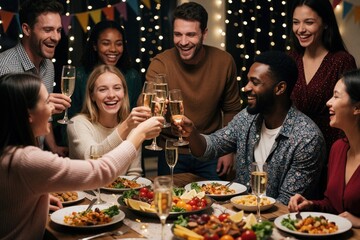Naklejka premium Eight diverse people toast champagne at dinner. Vibrant party guests share laughter surrounded by festive lights. Multiethnic group celebrate joyous occasion with assorted dishes on table. Colorful