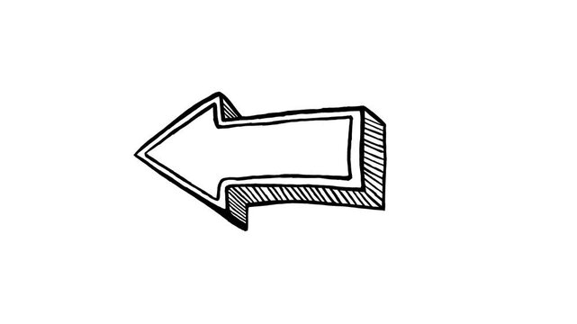 Hand Drawn 3D Left Arrow Pointer Sketch Motion Graphics Animation Isolated on White
