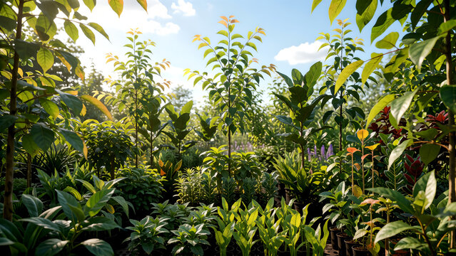 Lush green nursery garden with various young trees and plants growing under bright sunlight.