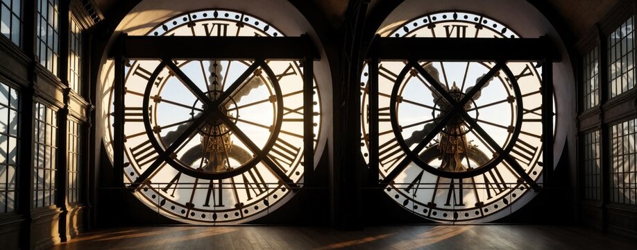 Massive antique clock mechanism inside tall tower building. Two large roman numeral clock faces show golden sunlight through glass. Interior view of grand mechanical gears, metal structure, historic