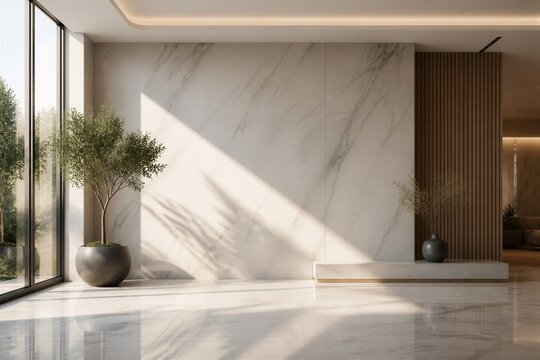 Minimal marble lobby with potted plants and natural light