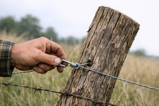 A person is seen holding a piece of barbed wire wrapped around a wooden post, with the wire's sharp edges and rusty color prominent