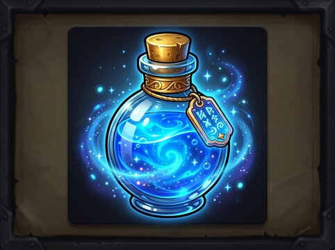 Magic Mana Potion Glass Bottle Icon, Fantasy RPG Game Asset, Glowing Blue Elixir with Gold Ornament