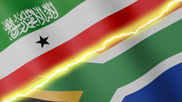Two waving flags Somaliland and South Africa with diagonal lightning seamless, 4k loop