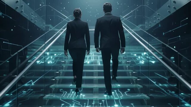Business professionals in formal suits walking together up illuminated glass staircase toward the future. Corporate teamwork, career growth and ambition with a modern technology environment.