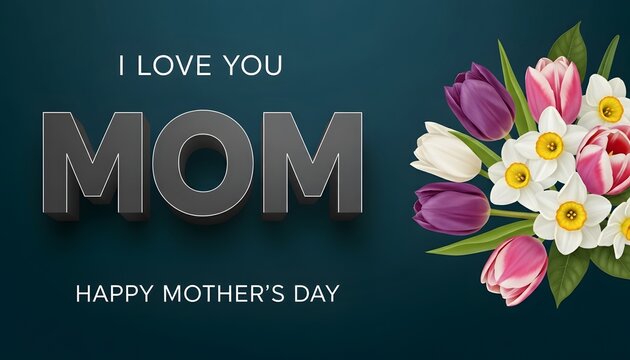 Happy mothers day greeting card design with beautiful spring flowers on a dark blue background