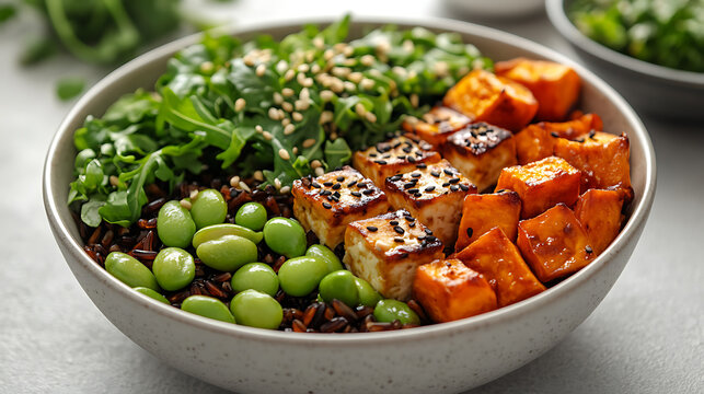 Healthy Tofu and Roasted Sweet Potato Buddha Bowl with Edamame and Arugula Food Photography