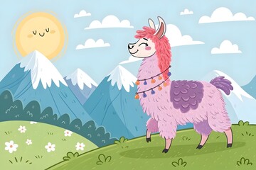 Naklejka premium Cartoon pink llama standing in a green meadow