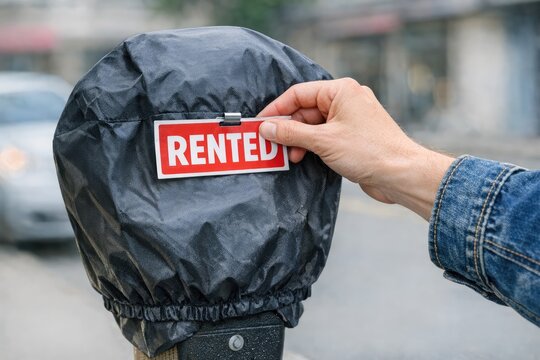 A parking meter with a rented parking sticker