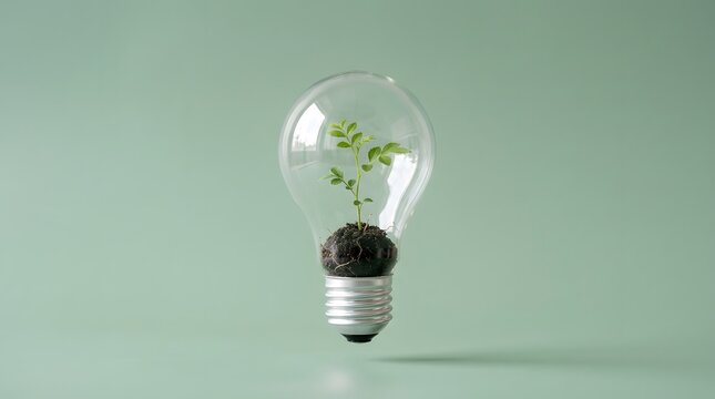 Small green plant growing inside a clear glass light bulb isolated on a soft green background