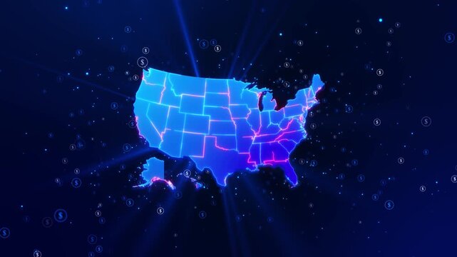 Futuristic USA state map neon tones economic visuals. banking, investment, market forecasting, fintech presentations, digital payments, business reports, wealth concepts finance related motion content