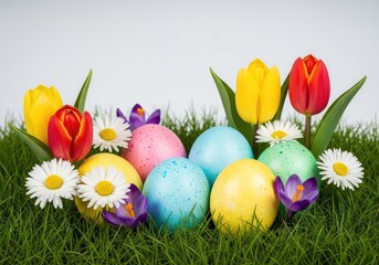 Fototapeta premium Vibrant pastel colored eggs nestled in soft green grass with blooming spring flowers like tulips and daisies on a clean light background, leaf, decorative, daisies