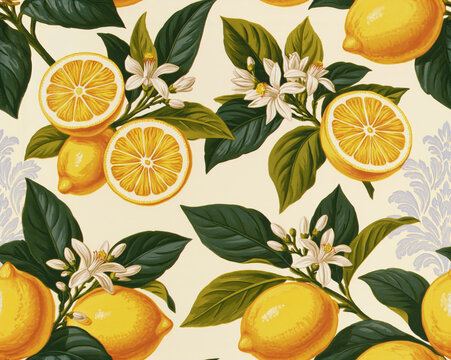 Vintage botanical seamless pattern with yellow lemons white blossoms and green leaves