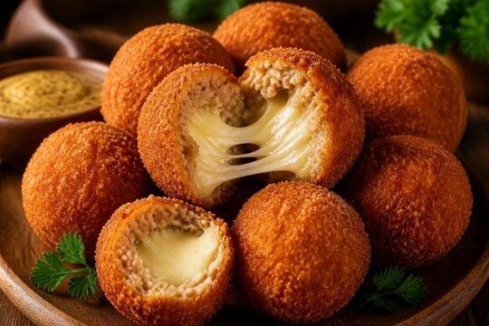Cheese filled croquettes served on wooden plate closeup