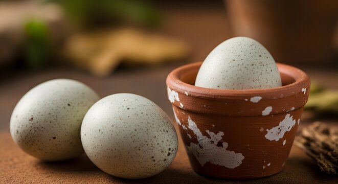 Three speckled blue eggs arranged on a rustic wooden surface with a small ceramic bowl