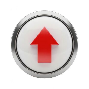 Red arrow pointing up on a glossy round button icon isolated on transparent background