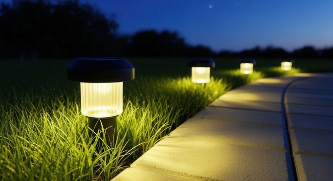 Illuminated Garden Pathway At Dusk With Solar Lamps Guiding The Way