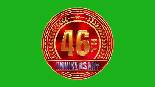 3D 46th anniversary celebration gold medal with gloss ruby red background and shiny crystal studs on green backdrop 4k video