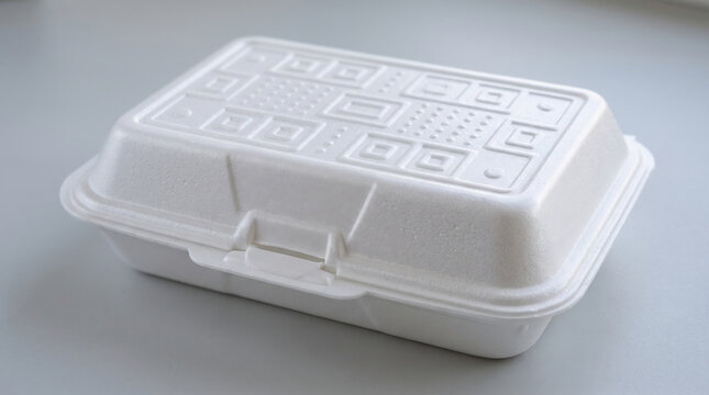 Empty white styrofoam food container with lid