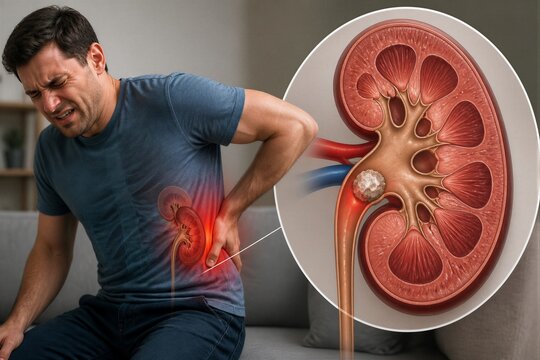 Man experiencing kidney pain with kidney stone illustration