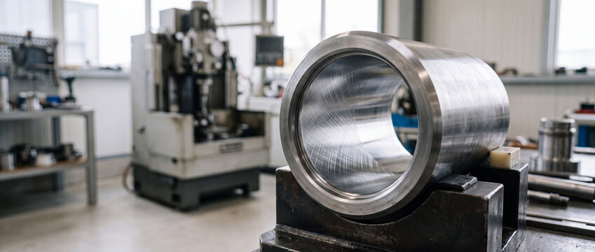 Precision metal cylinder part in industrial machine shop with machining and manufacturing equipment