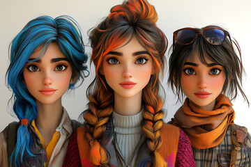 Obraz premium Three Stylish Animated Young Women Friends Group Portrait 3D Character Digital Artwork