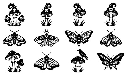 Fototapeta premium Moth and poisonous mushroom black nature symbols.