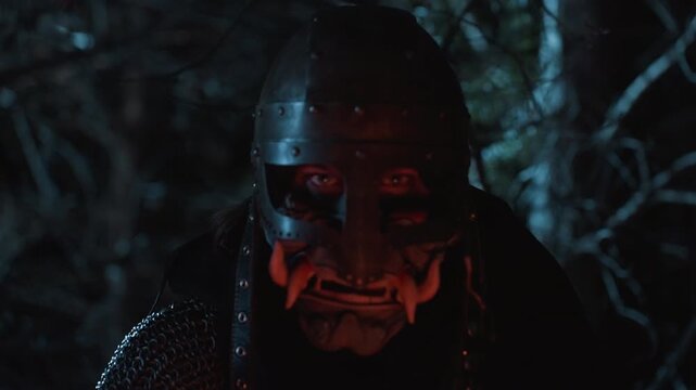 Armored warrior advances through moonlit forest at night, turning head toward viewer with fierce grimace, weathered helmet, chainmail, and tense confrontational mood in dramatic shadowed scene