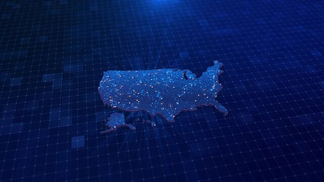 Three dimensional USA data map markers, particles grid environment. broadband network monitoring, location intelligence, national infrastructure, digital transformation 19 visualizations.