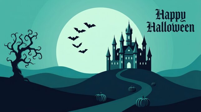 Happy halloween pixel art with a spooky castle on a hill under a full moon with flying bats and a bare tree