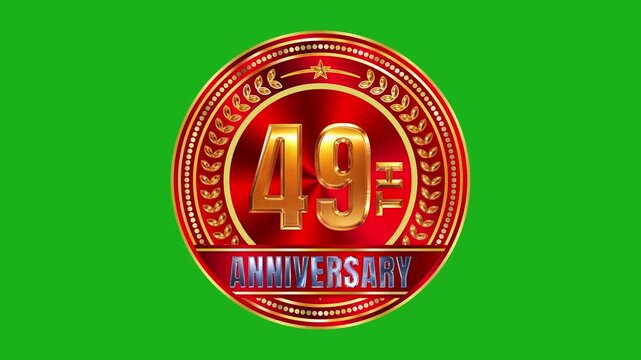 Prestige 49th anniversary golden medal badge with radial crimson reflection and luxury laurel frame on green screen 4k video