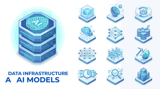 Technology icons set for AI and Data workflow diagram - AI platform, artificial intelligence, predictive data analytics, AI model, cloud - high quality isometric vector isolated on white background