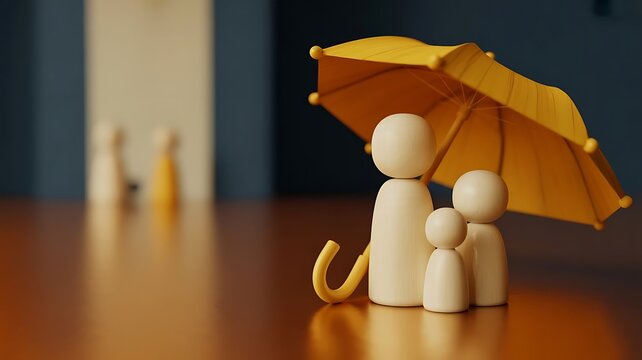 Wooden figurines representing a family standing under a large yellow umbrella concept for insurance protection and safety on dark blue background