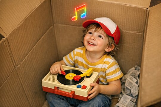 A young boy sits in a cardboard box, holding a record, a nostalgic moment