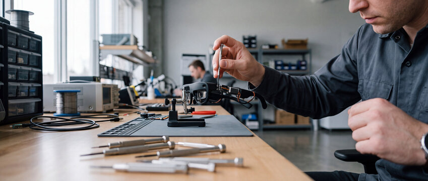 Electronics technician repairing smart glasses at workbench in modern electronics workshop using precision tools