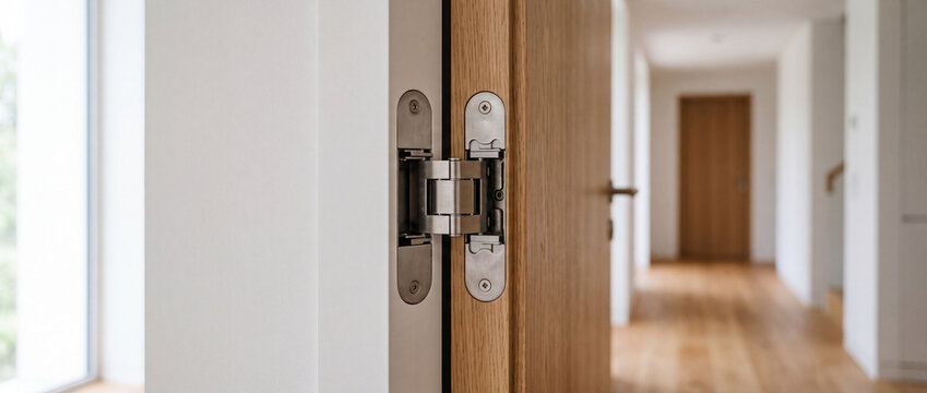 Close-up of concealed door hinge on wooden interior door in bright modern home hallway