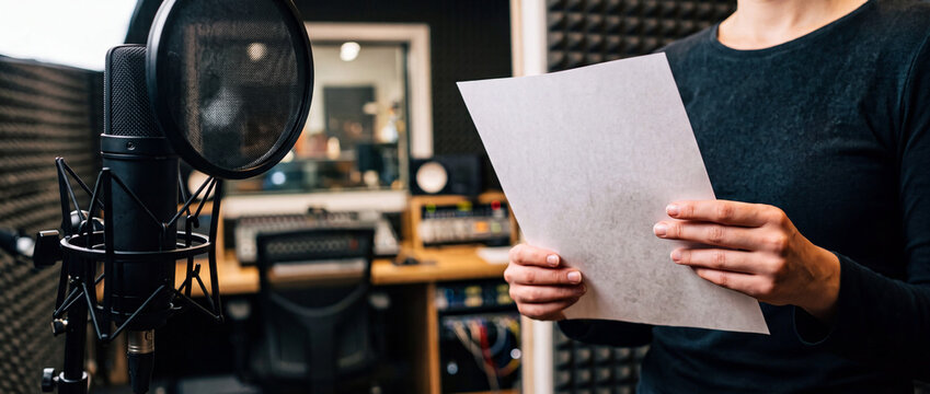 Person reading script in professional recording studio with microphone and pop filter