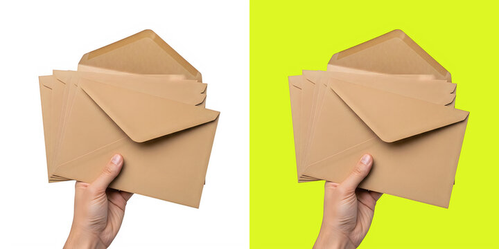 Hand holding stack of brown envelopes