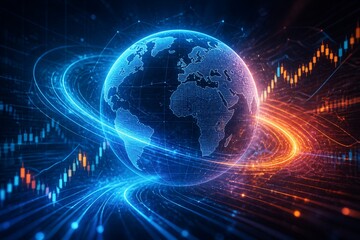Naklejka premium Digital globe with data streams and financial charts display