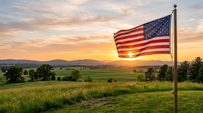 American flag waving proudly against a beautiful golden sunset over a peaceful rural countryside landscape