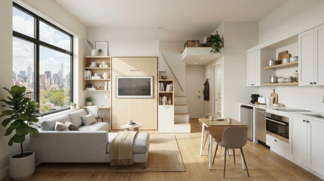 Contemporary Small Apartment Interior with Open Kitchen Living Area and Large Window Overlooking City Skyline
