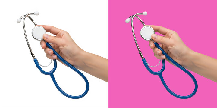 Hand holding a blue stethoscope on a white and pink background