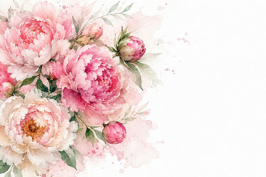 Elegant Watercolor Peony Floral Border with Soft Pink Flowers and Green Leaves on White Background with Copy Space
