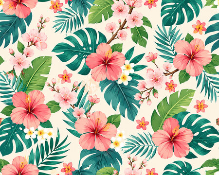 Seamless Pink Peony and Rose Floral Pattern with Green Foliage on Cream Background