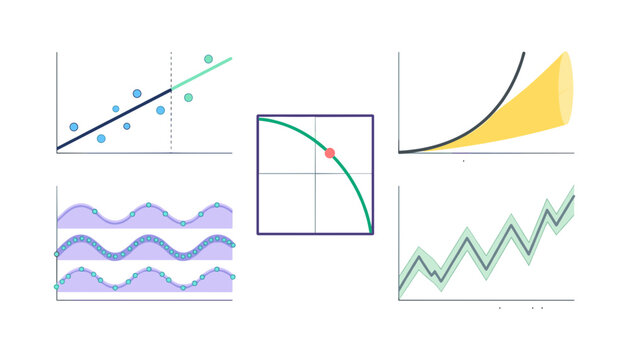 Data Science and Statistical Analysis Graph Icon Set with Linear Regression Scatter Plots, Mathematical Curves, Waveform Charts, and Financial Trend Lines for Business Analytics