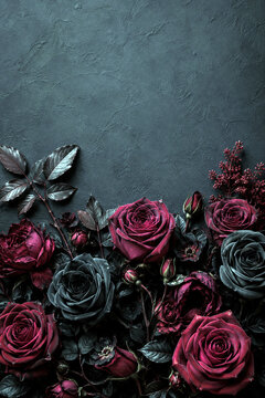 Moody Watercolor Bouquet of Deep Burgundy and Black Roses on Dark Blue Artistic Background